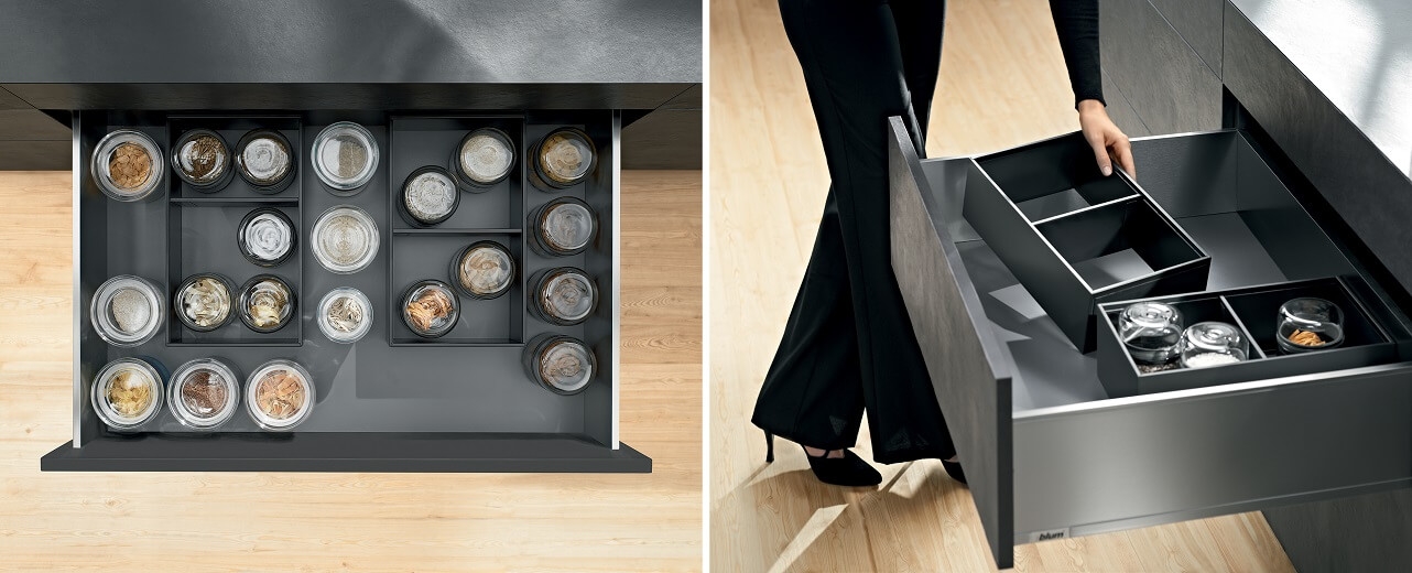 פתרונות אחסון לסידור וארגון מגירות המטבח BLUM פתרונות אחסון לסידור וארגון מגירות המטבח BLUM